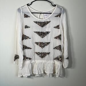 Beautiful Stories Off White Sheer Sequin‎ Patch Long Sleeve Blouse Size XS